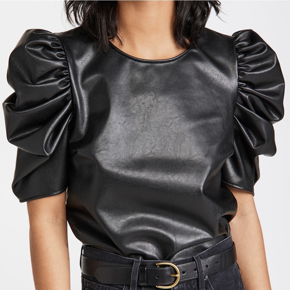 NWT Cinq a Sept faux leather puff sleeve top